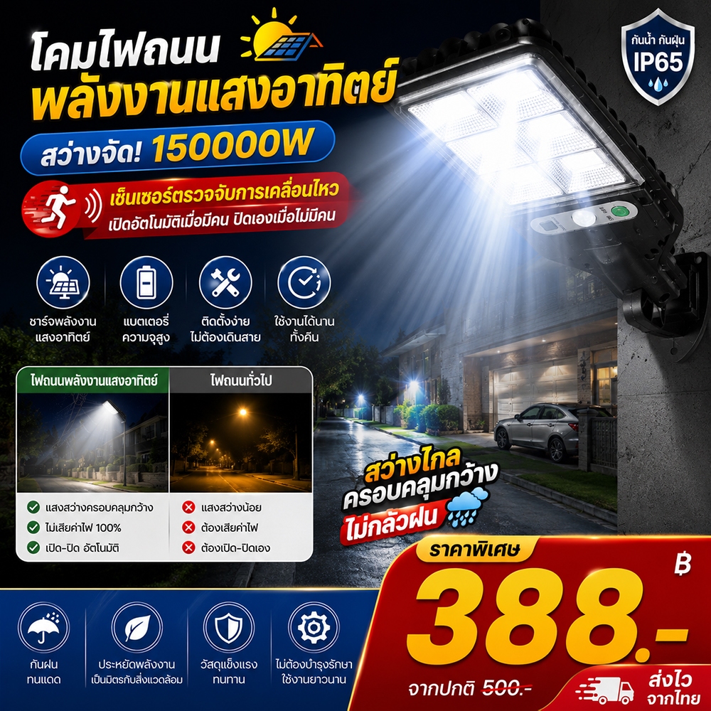💡ไฟโซล่าเซลล์ถนน💡 Solar Street Light ไฟLED 150000W สว่างอัตโนมัติกลางคืน ประหยัดไฟ ทนแดดทนฝน ติดตั้งง่าย สำหรับบ้าน