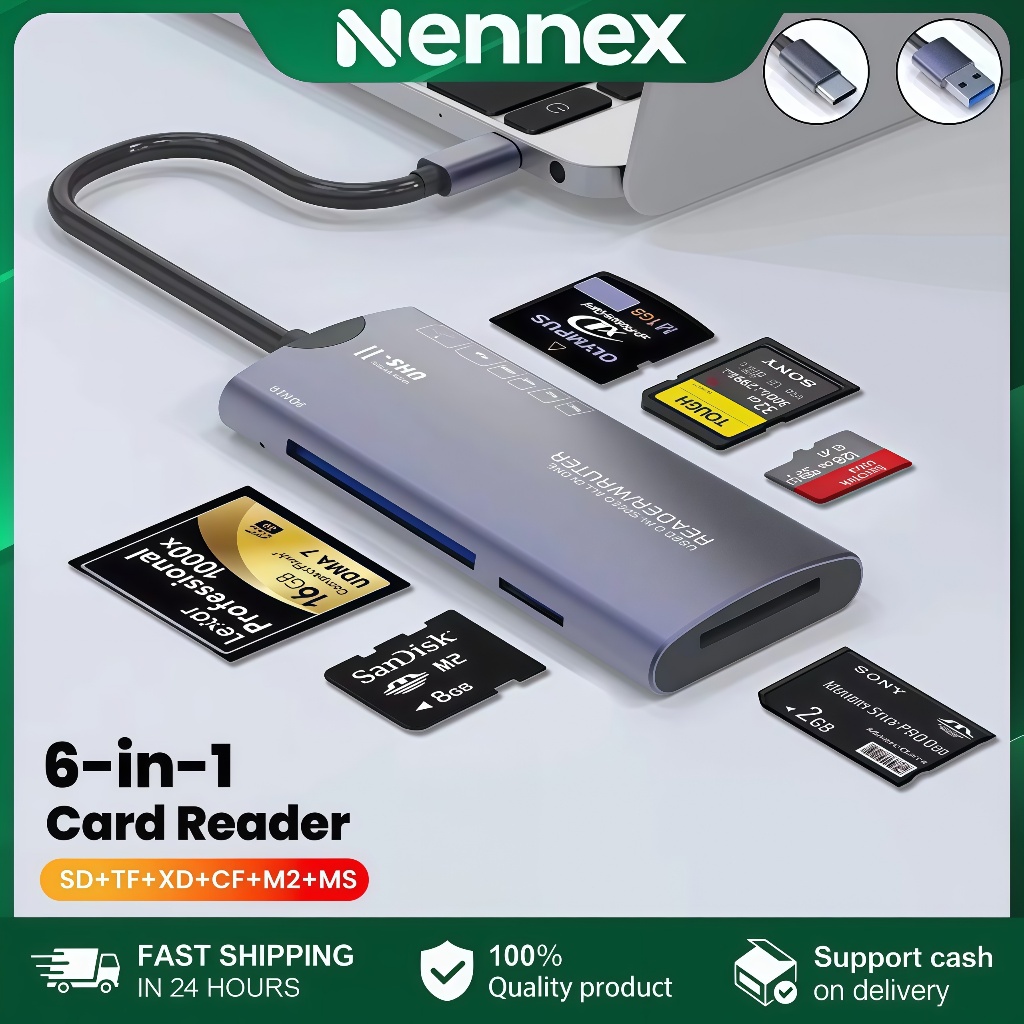 Nennex เครื่องอ่านการ์ด 6-in-1 สำหรับโทรศัพท์มือถือและคอมพิวเตอร์ รองรับ SD TF XD CF M2 MS ด้วยอินเทอร์เฟซ Type-C/USB