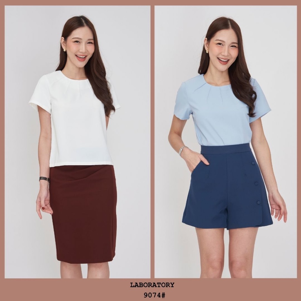 Laboratory 9074# เสื้อคอกลม เย็บตีเกล็ดด้านหน้า แขนสั้นสีพื้น ไซส์ 36,38,42