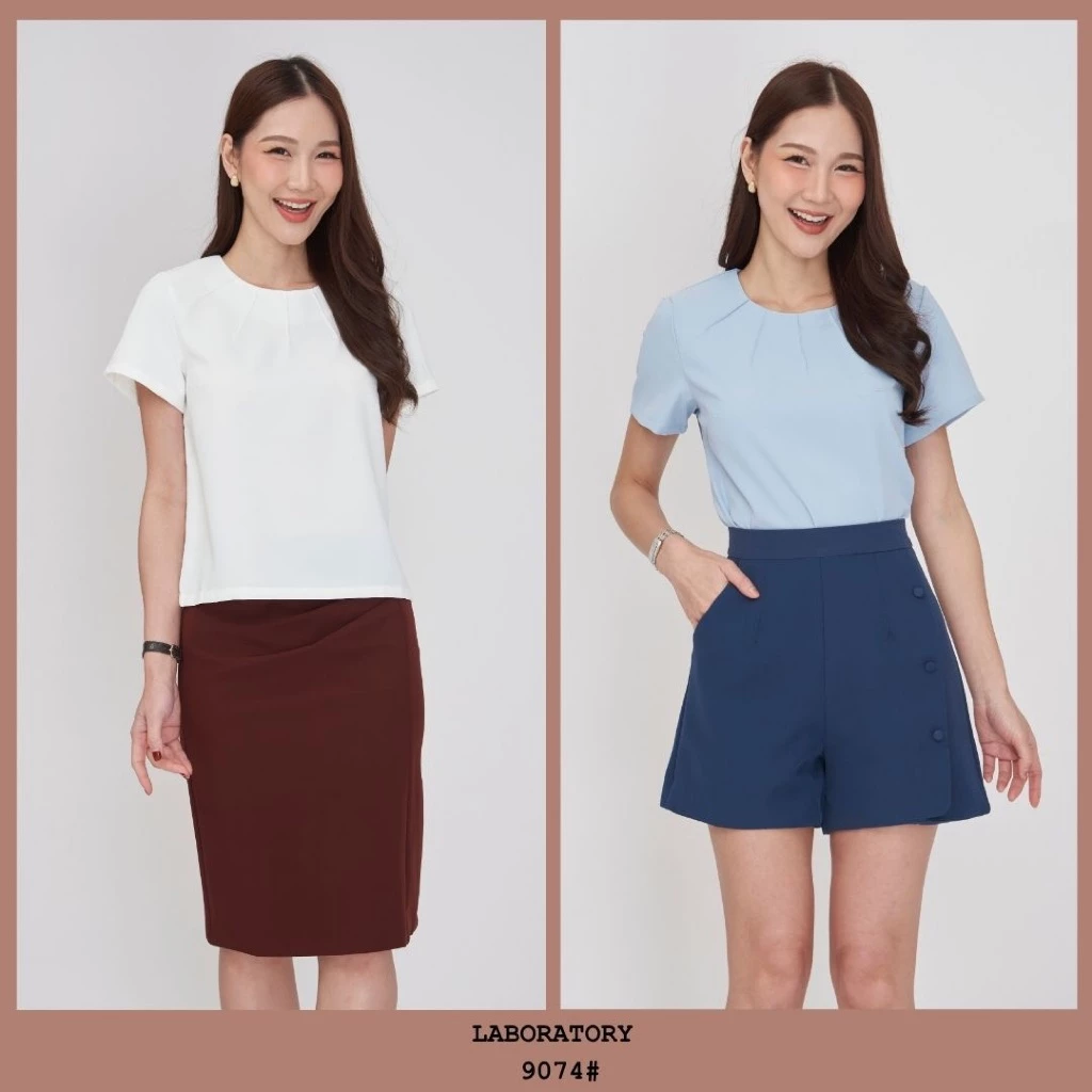 Laboratory 9074# เสื้อคอกลม เย็บตีเกล็ดด้านหน้า แขนสั้นสีพื้น ไซส์ 36,38,42