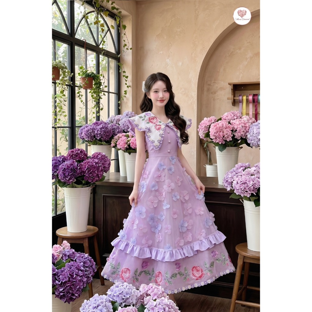 (มี3XL) Purple Popup Dress เดรสยาวผ้าเปเป้แต่งผ้าตาข่ายดอกไม้ 3D ปักปก & ปลายกระโปรง ซิปหลัง มีซับใน