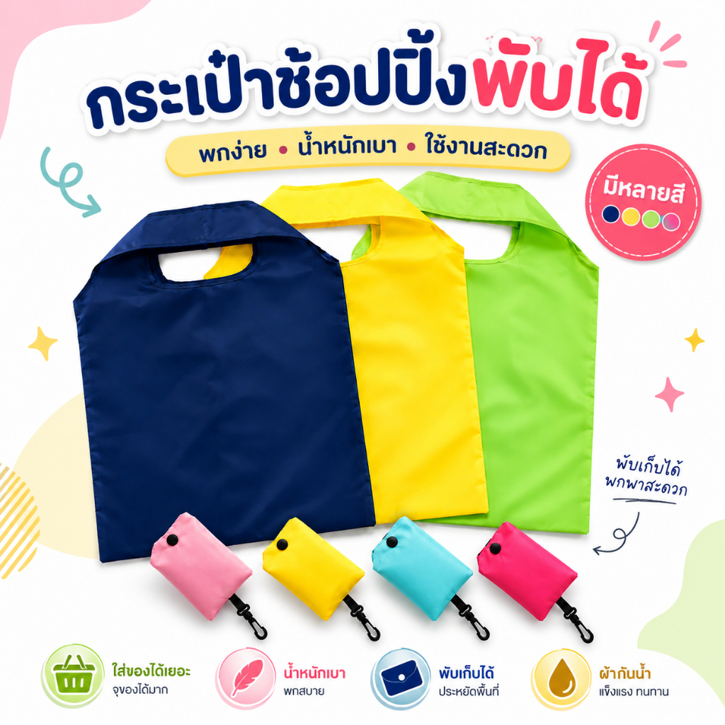 ถุงผ้าพกพา ถุงเก็บของพับได้ กันน้ำ น้ำหนักเบา กระเป๋าช้อปปิ้ง ถุงผ้าลดโลกร้อน