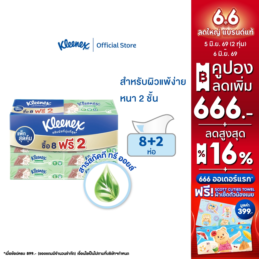 กระดาษเช็ดหน้าคลีเน็กซ์แอคแน่ คอมฟอร์ท ซอฟท์เคส แพ็ก 8 +2 ห่อ Kleenex® Acne Comfort Soft Box 80 sheets 8+2