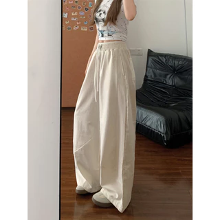 [Summer quick drying fabric, wide leg pants]เกาหลีรุ่นวินเทจผู้หญิงสบาย ๆ แจ๊สเต้นรำกีฬาลมกว้างขากางเกง