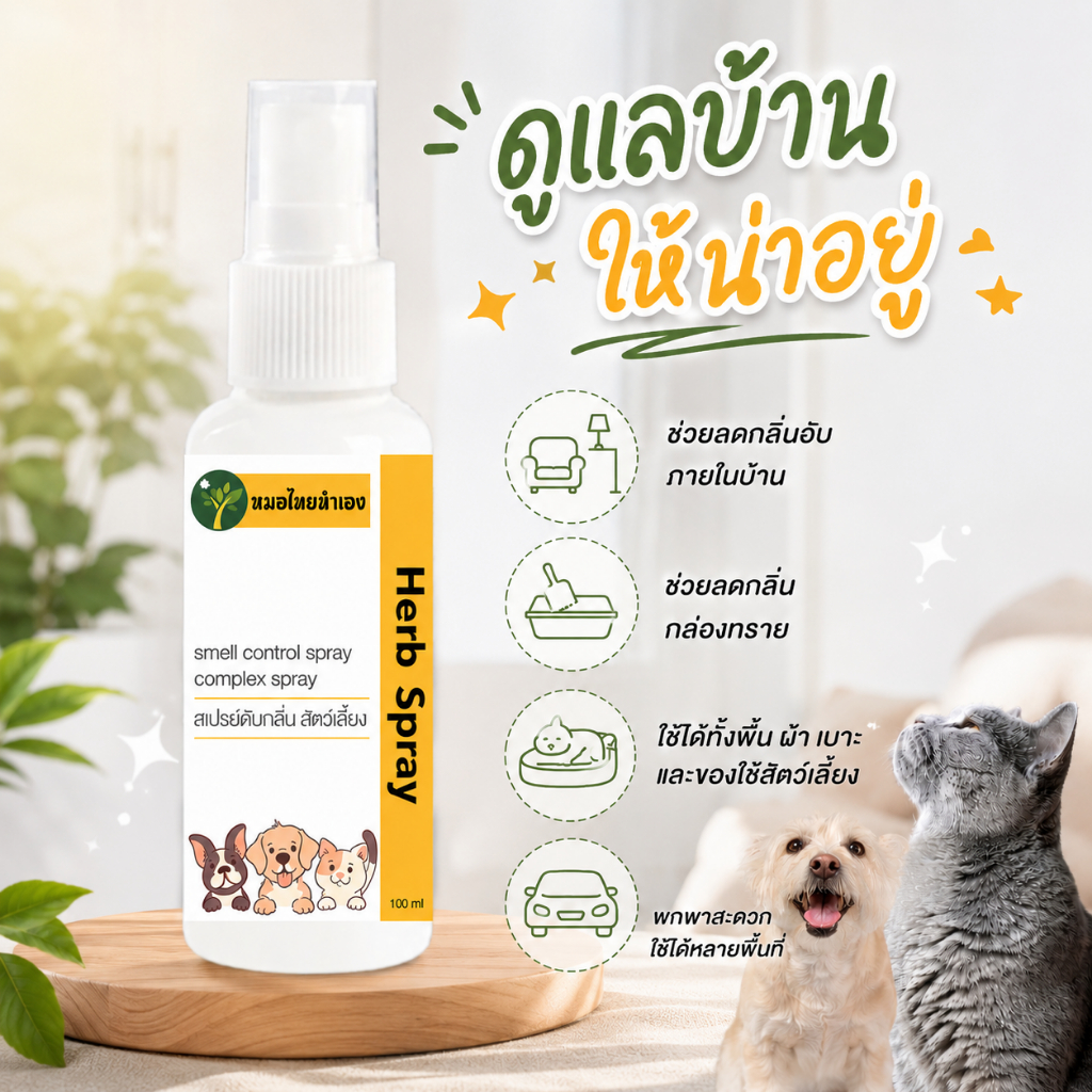 สเปรย์ดับกลิ่นสัตว์เลี้ยง กลิ่นสาบ กลิ่นทรายใช้ได้หลายพื้นผิว  สูตรอ่อนโยน สำหรับสุนัขและแมว 100 ml.