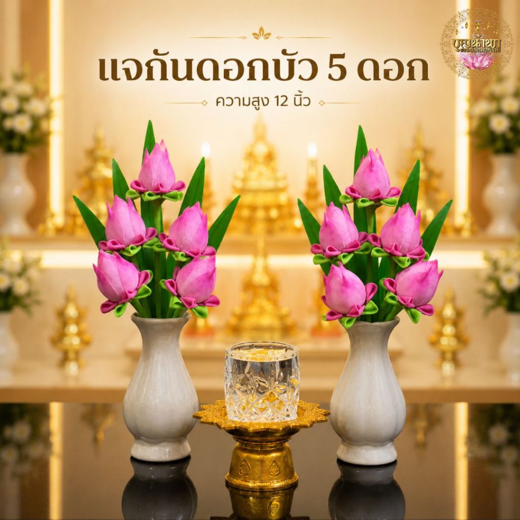แจกันดอกบัวดินปั้น ข้างละ 5 ดอก สูง 12 นิ้ว  จัดลงแจกันสีขาว