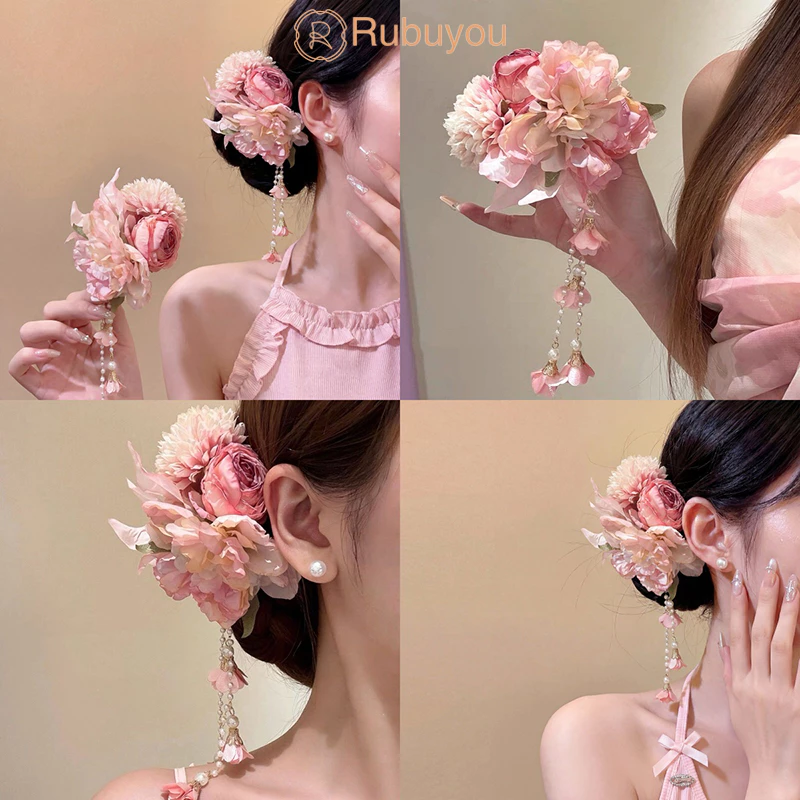 Rubuyou กิ๊บติดผมลายดอกไม้ สีชมพู ประดับพู่ ฤดูร้อนคลิปด้านข้าง สำหรับผู้หญิง วันหยุดพักผ่อน/ริมทะเล เครื่องประดับผม-COD