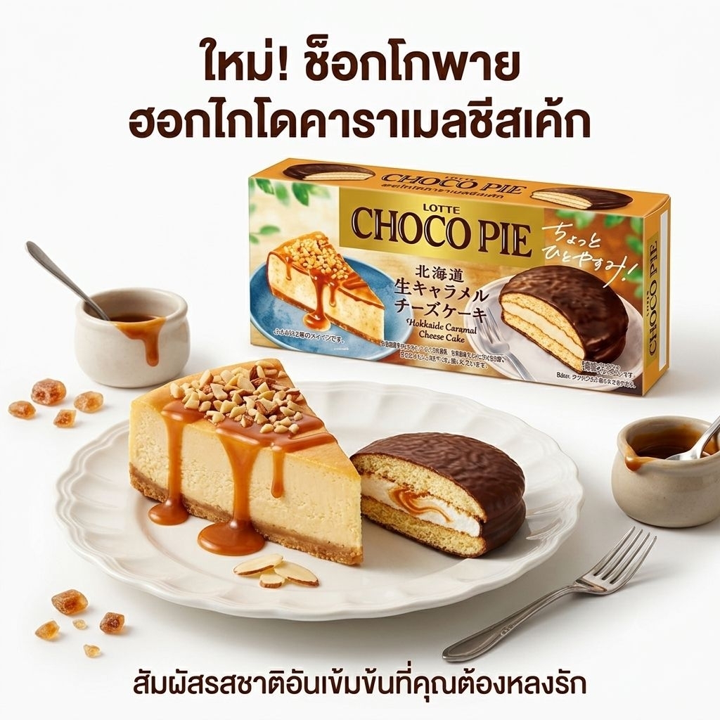 ช็อกโกพาย รสชีสเค้กคาราเมล LOTTE  CHOCOPIE Hokkaido Cheese Cake ขนมจากญี่ปุ่น (6ชิ้น×30g) 247387