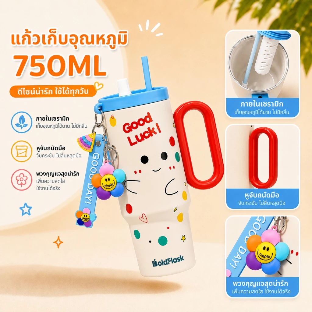 【BoldFlask】 750ml สีน้ำเงินโชคดี สแตนเลสถ้วยความร้อนเซรามิกเรียงรายมาพร้อมกับฟางและมือจับ ซีรีส์โชคดี