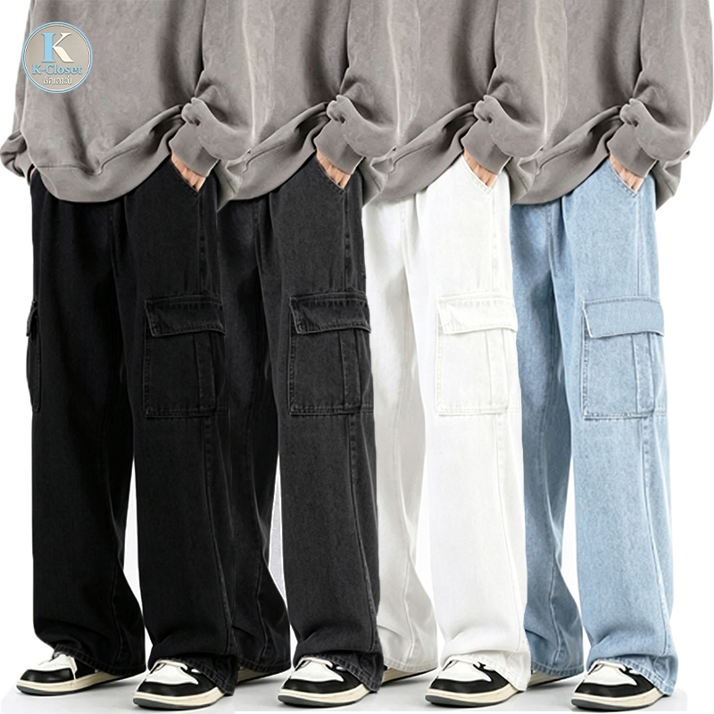 Baggy S-5XL กางเกงยีนส์คาร์โก้สำหรับผู้ชาย ทรงขาตรงหลวม สไตล์เกาหลี มีให้เลือก 5 สี