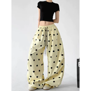 [Summer quick-drying fabric, wave dot printing]สตรีทสปอร์ตลมสบาย ๆ บางเต็มพิมพ์ผู้หญิงเต้นรำกางเกงขากว้าง