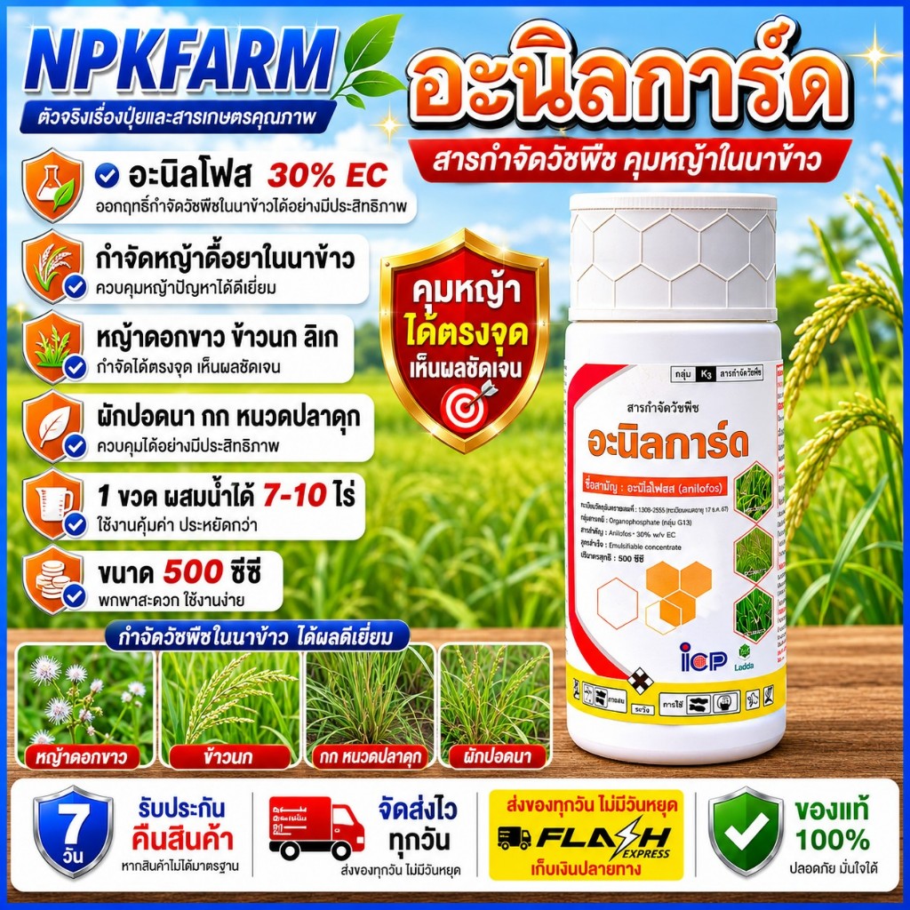 ลัดดา อะนิลการ์ด ขนาด 500 ซีซี อะนิโลฟอส 30% EC กำจัดหญ้าดื้อยา ปราบยาก ในนาข้าว หญ้าดอกขาว