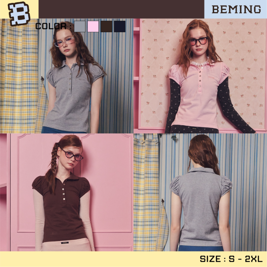 Bemingtop1178(S-2XL) - Poli Polo - เสื้อโปโลดีเทลกระดุมหน้าแขนตุ๊กตา