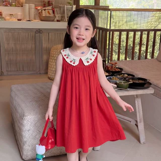 1-12 ปี ชุดออกงานเด็กผู้หญิงสีแดง คอปกเชอร์รี่ แขนกุด สไตล์เกาหลี กระโปรงพริ้ว ชุดเดรสเด็กผู้หญิง
