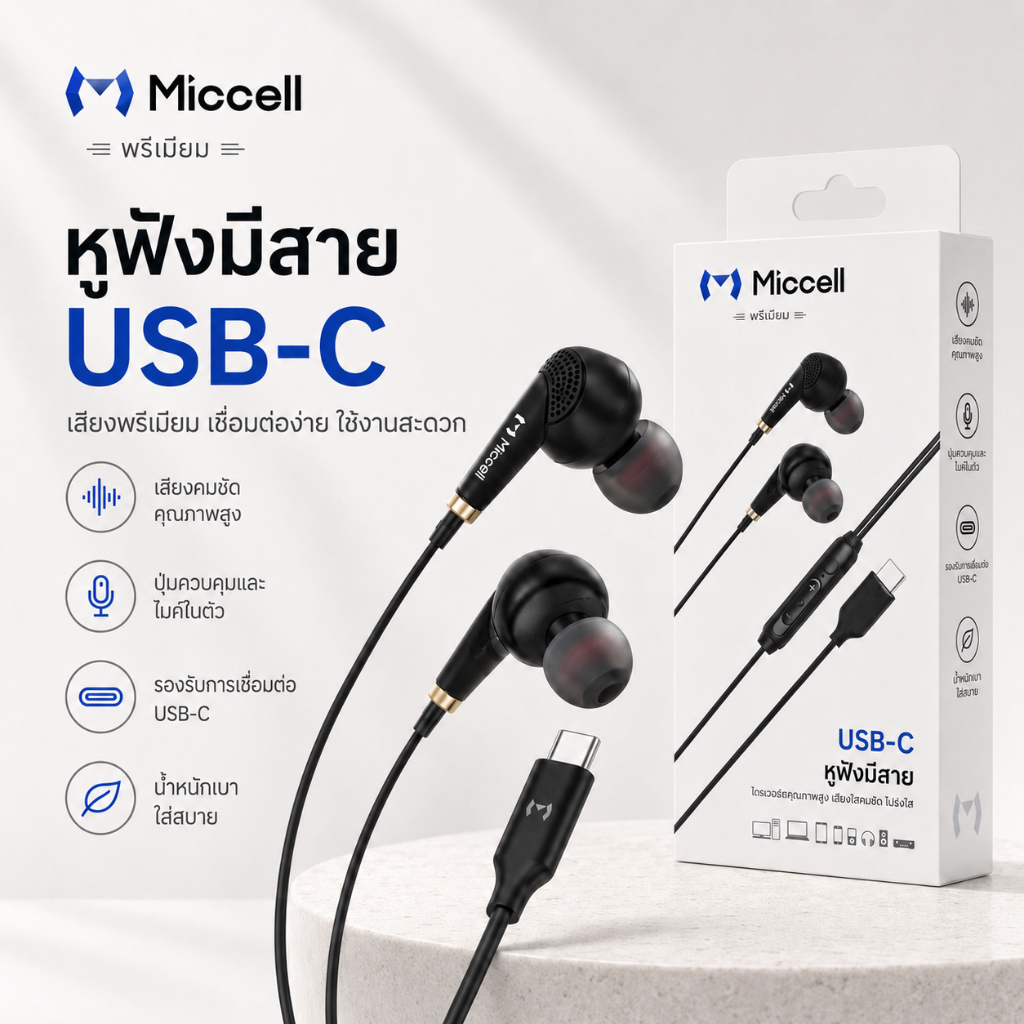 Miccell หูฟังแบบมีสาย Wired Earphone USB-C (สีดำ) หูฟังมีสาย Type-C มีไมค์ เบสแน่น ใช้เรียนออนไลน์ คุยโทรศัพท์ เล