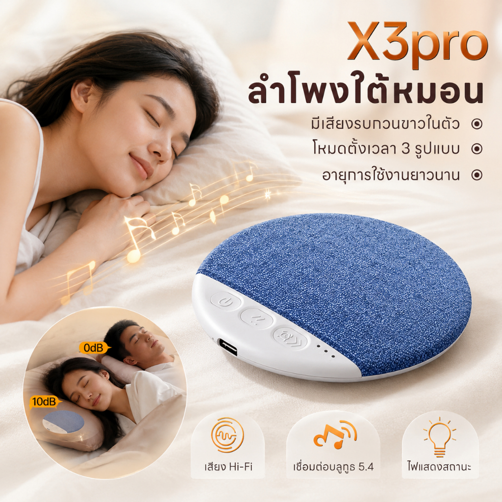 Metavice ลำโพงช่วยนอน ลำโพงใต้หมอน ลำโพงบลูทูธไร้สาย Bluetooth 5.4 เสียงสีขาว White Noise บาง 1 ซม. ช่วยหลับลึก ME210