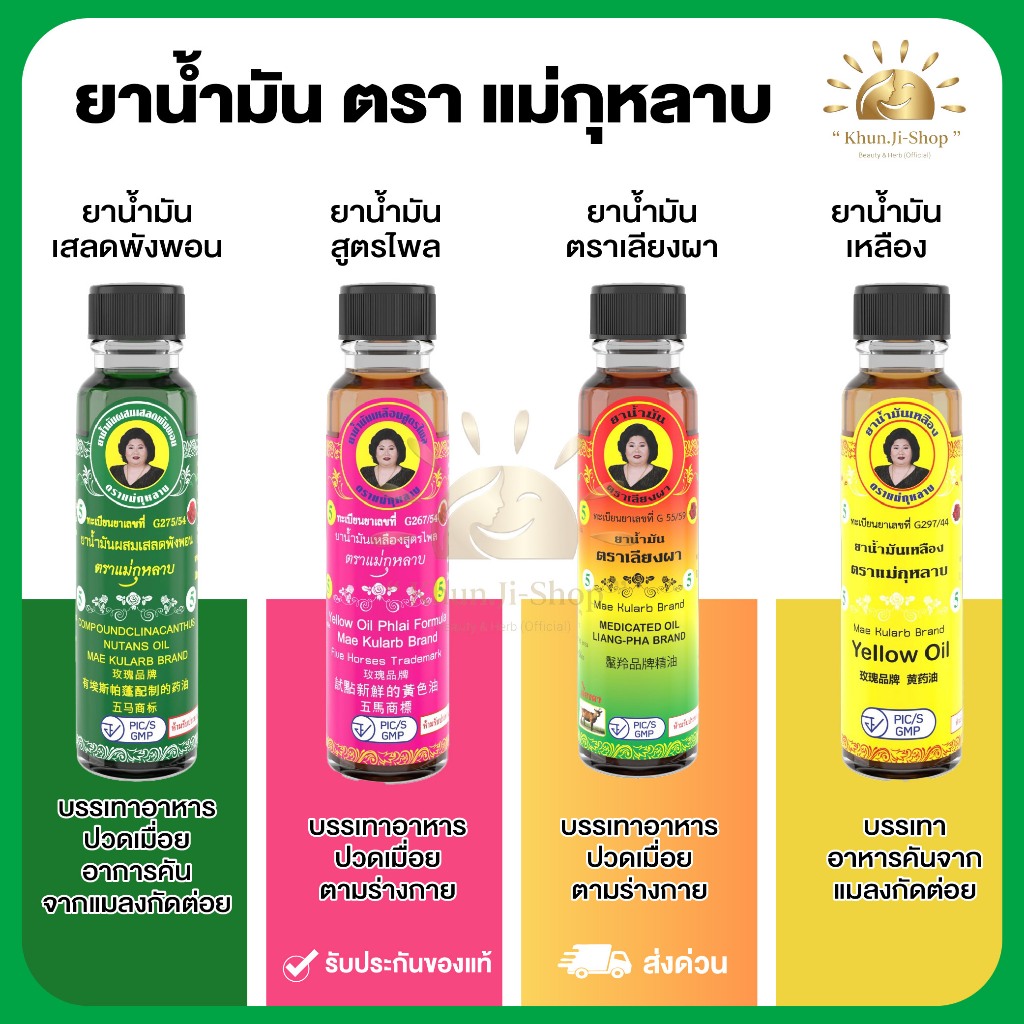 ส่งด่วน! แม่กุหลาบ น้ำมันเหลืองสูตรไพล/น้ำมันเขียวเสลดพังพอน/น้ำมันเลียงผา สมุนไพรแม่กุหลาบ ใช้ดม ใช้นวด ปริมาณ20/7/3cc.