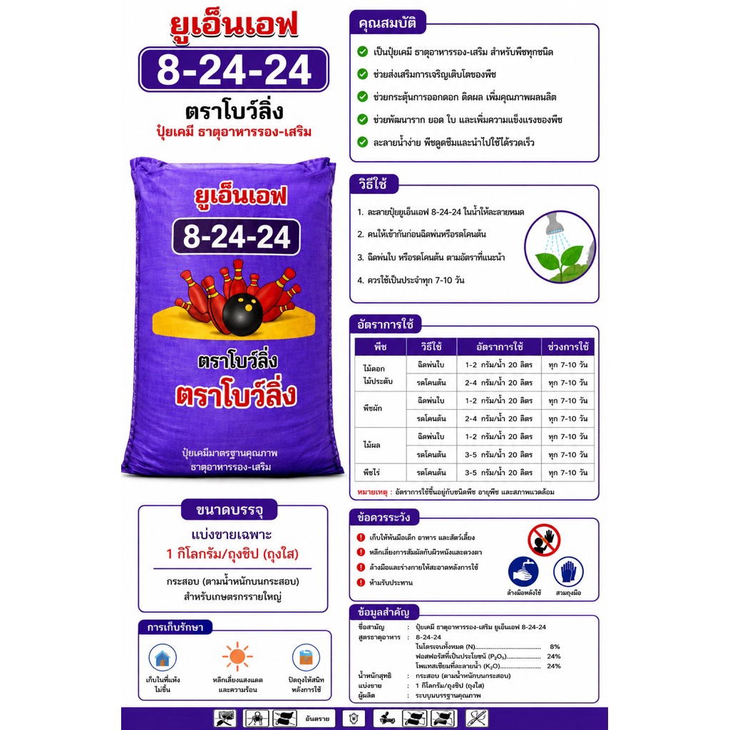 ปุ๋ยเคมี ตราโบว์ลิ่ง สูตร 8-24-24 #ปุ๋ย8-24-24