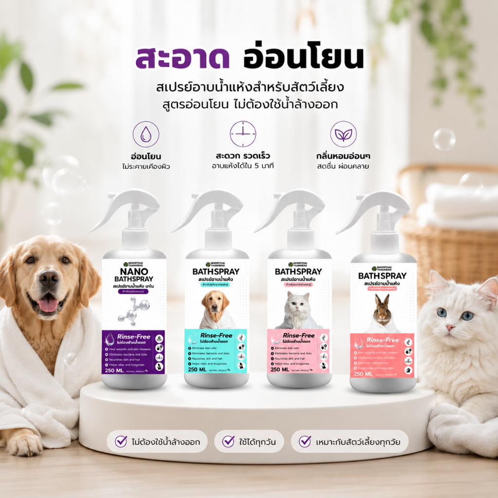 Bath Spray สเปรย์อาบน้ำแห้งสัตว์เลี้ยง 250 ml. กลิ่นหอมสดชื่น ลดกลิ่นสาบ ขนนุ่ม สูตรอ่อนโยน หมอไทยทำเอง