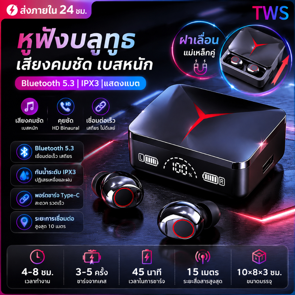 Metavice หูฟังเกมมิ่งไร้สาย Bluetooth ENC Low Latency เสียง HiFi Stereo พร้อมจอ LED Touch Control ME035