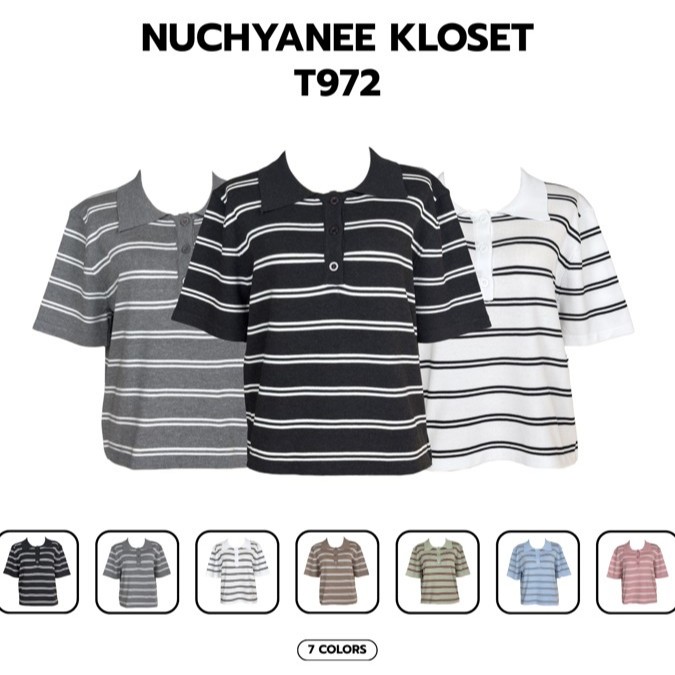(T972)งานเสื้อไหมพรมคอปกลายริ้วรุ่นใหม่ Nuchyanee