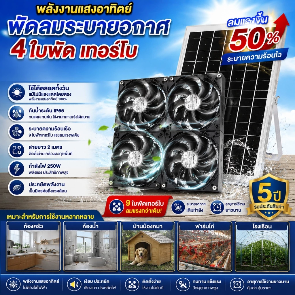 พัดลม 4 ตัว พัดลมดูดอากาศโซล่าเซลล์ ทนต่ออุณหภูมิสูงทนต่อกันกร่อนแรงดูดดี พัดลมระบายอากาศ พัดลมดูดอากาศ กำลังไฟสูง