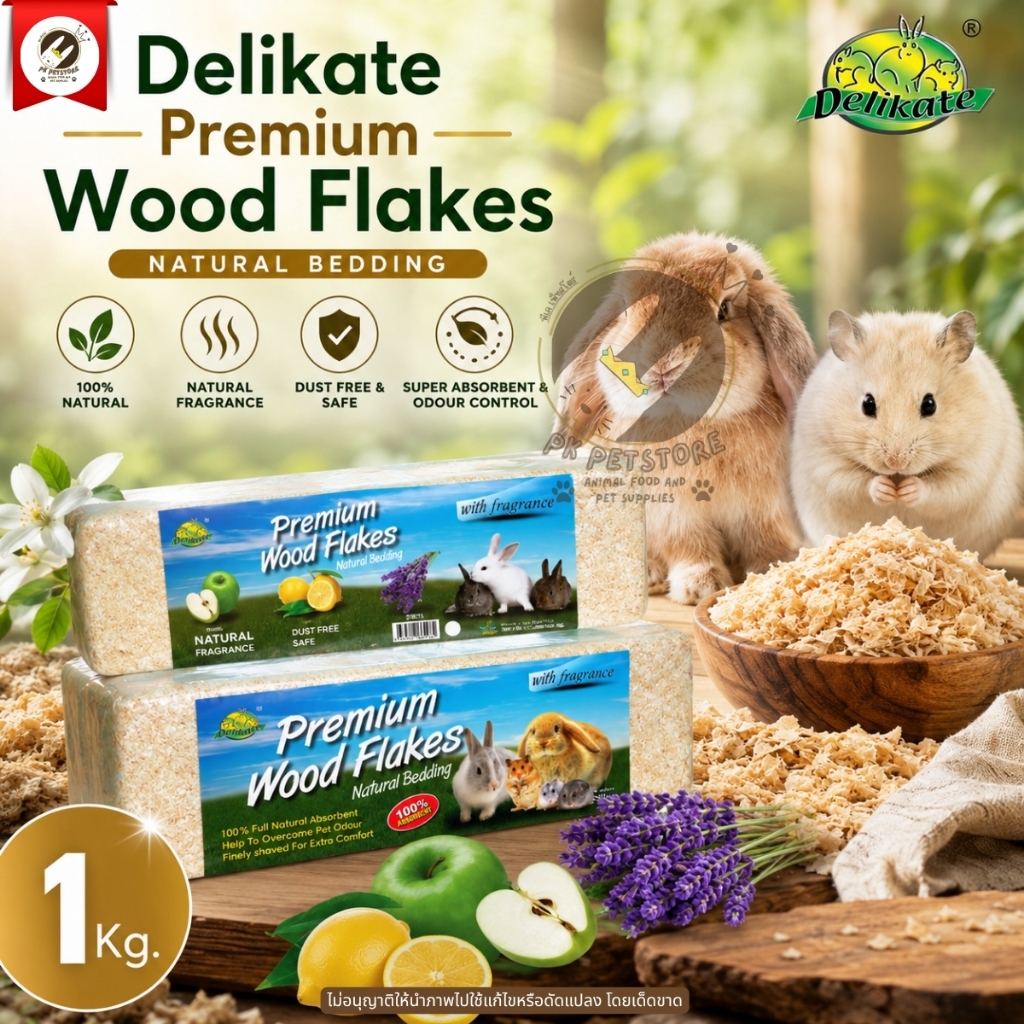 Wood Flakes ขี้เลื่อยอัดแท่ง วัสดุรองกรงสัตว์เลี้ยงขนาดเล็ก กลิ่นธรรมชาติ  Delikate  ขนาด 1kg. (มีแบบมีกลิ่น)