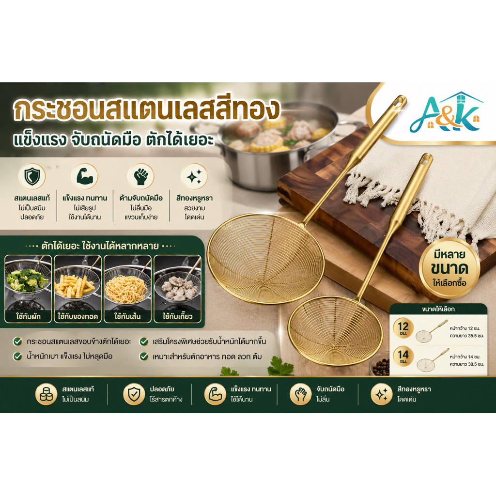 A&k family shop  กระชอนสแตนเลสสำหรับตัก/ทอดแบบหนามี2สีหลายขนาด NF724-730