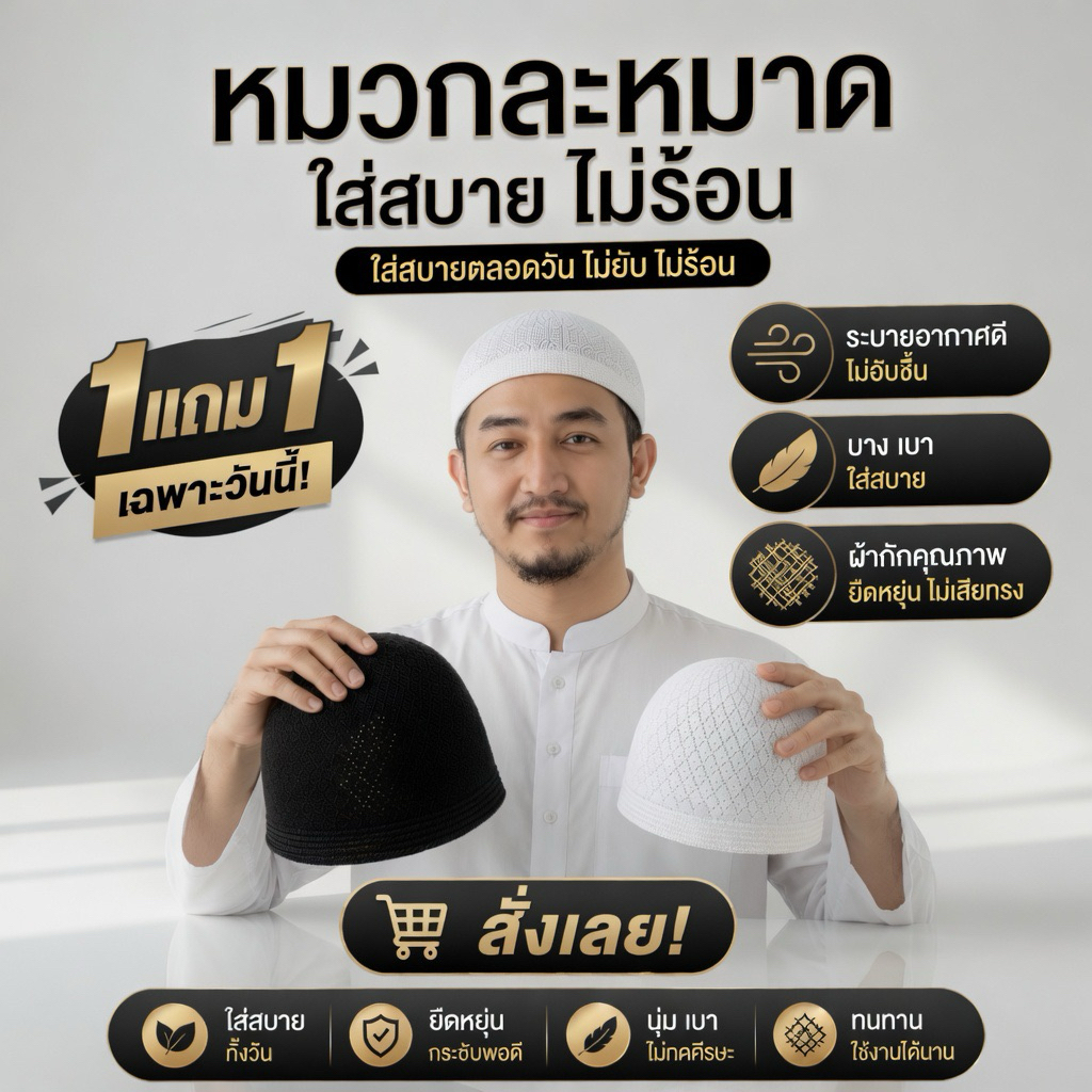 ซื้อ 1 แถม 1 หมวกละหมาดถักตุรกี ใส่สบาย ไม่ร้อน เบา ระบายอากาศดี ฟรีไซส์ พกง่าย รีบสั่งก่อนหมด!