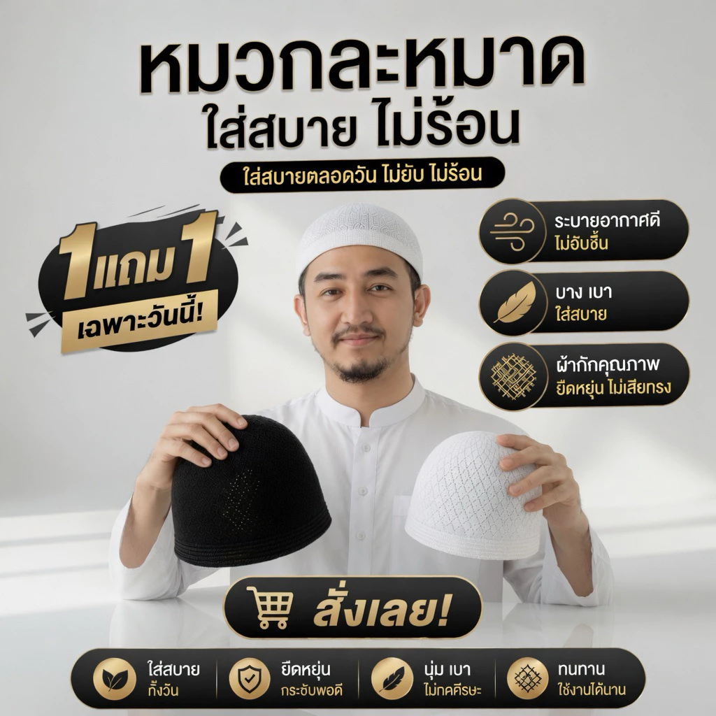 ซื้อ 1 แถม 1 หมวกละหมาดถักตุรกี ใส่สบาย ไม่ร้อน เบา ระบายอากาศดี ฟรีไซส์ พกง่าย รีบสั่งก่อนหมด!