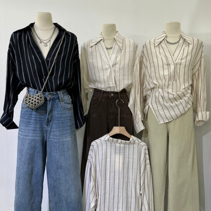 B688 | เสื้อเชิ้ตลายริ้ว Oversize ใส่ได้ทุกวัน  เสื้อเชิ้ตทรงหลวมสไตล์มินิมอล ลายริ้วแนวเกาหลี