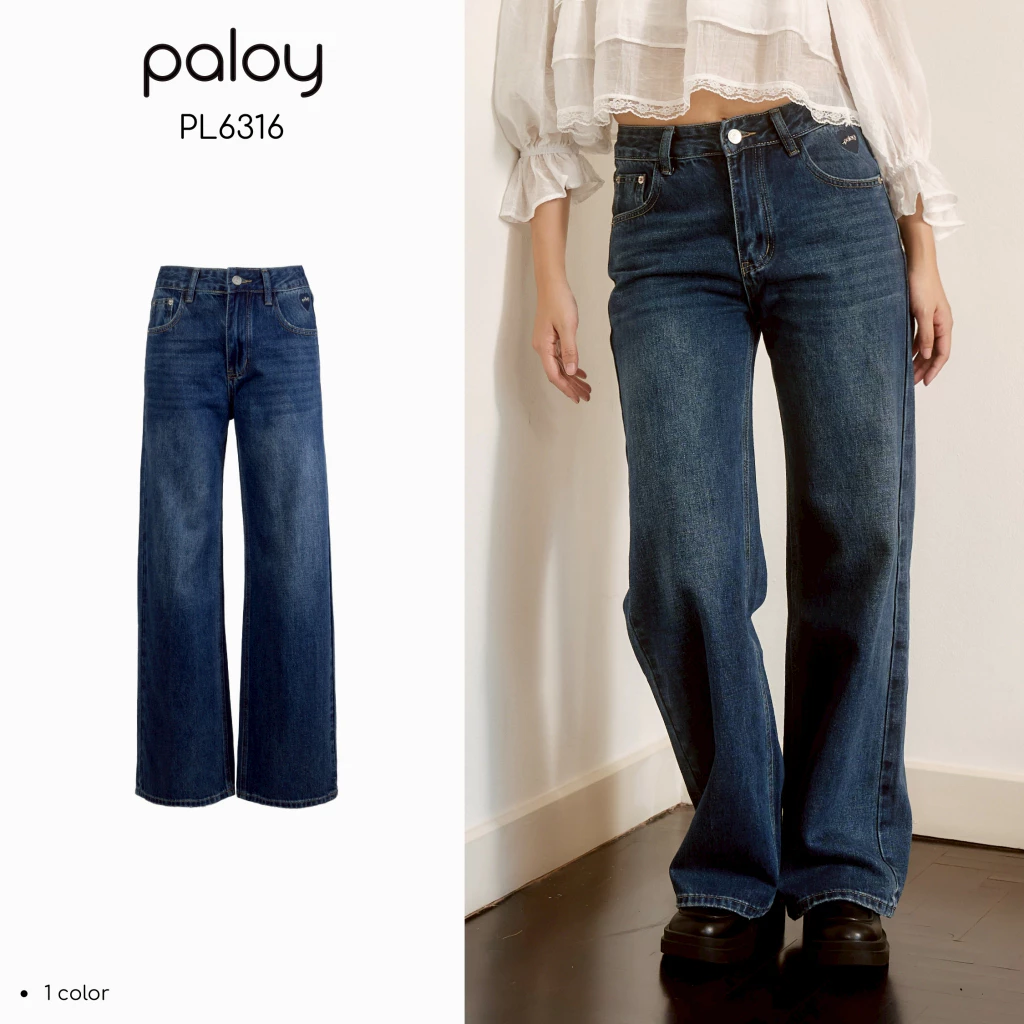 Paloy - PL6316 Forever Blue Jeans กางเกงยีนส์ทรงกระบอก ปักหัวใจแต่งอะไหล่โลหะขอบที่กระเป๋าหน้า (Known By Heart)