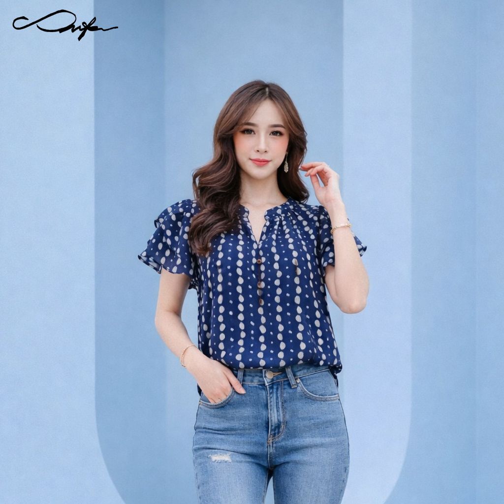 เสื้อชีฟองลายจุด แขนระบาย รุ่น Sweet Polka Dot Blouse
