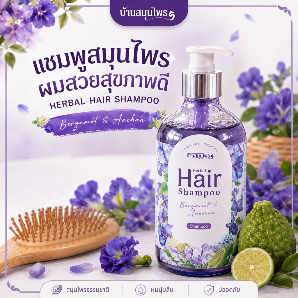 เเชมพูมะกรูด 500 มล. ใหญ่คุ้ม ผมนุ่มสวย สะอาด หอมกลิ่นมะกรูดอัญชัน - Herbal Bergamot Anchun