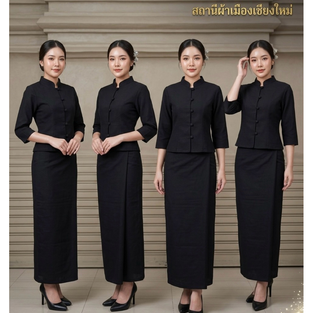 ชุดจิตรลดาสีดำ เนื้อผ้าฝ้าย แขนสามส่วนพร้อมส่ง ได้รับทั้งเสื้อและผ้าถุง