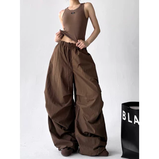 [Summer quick drying fabric, casual pants]สไตล์อเมริกันวินเทจผู้หญิงสีทึบแจ๊สเต้นลำลองกางเกงขากว้าง