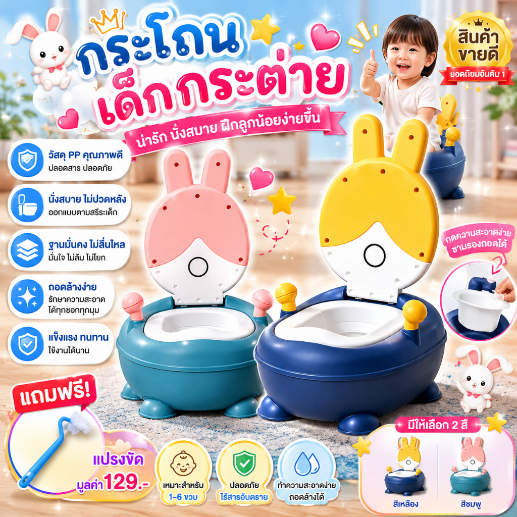 ลดกระหน่ำ ถูกสุด พร้อมส่ง รุ่นเบาะนุ่ม กระโถนเด็กฝึกขับถ่าย ลายกระต่ายลิง ลายกระต่าย​ กระโถนเด็ก