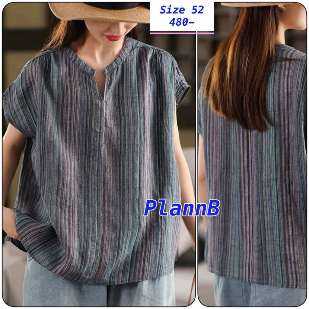 SIZE 52 เสื้อคอวีผ้า cotton ผ้าบาง ลายสก๊อตงานญี่ปุ่นน