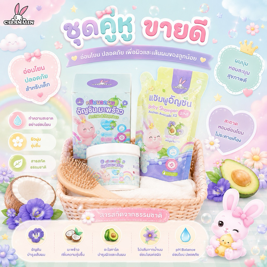 [ เซ็ตคู่ชุดใหญ่ ] แชมพูอัญชันอโวคาโด (500 ml.) และครีมนวดอัญชันมะพร้าว( 500ml.).