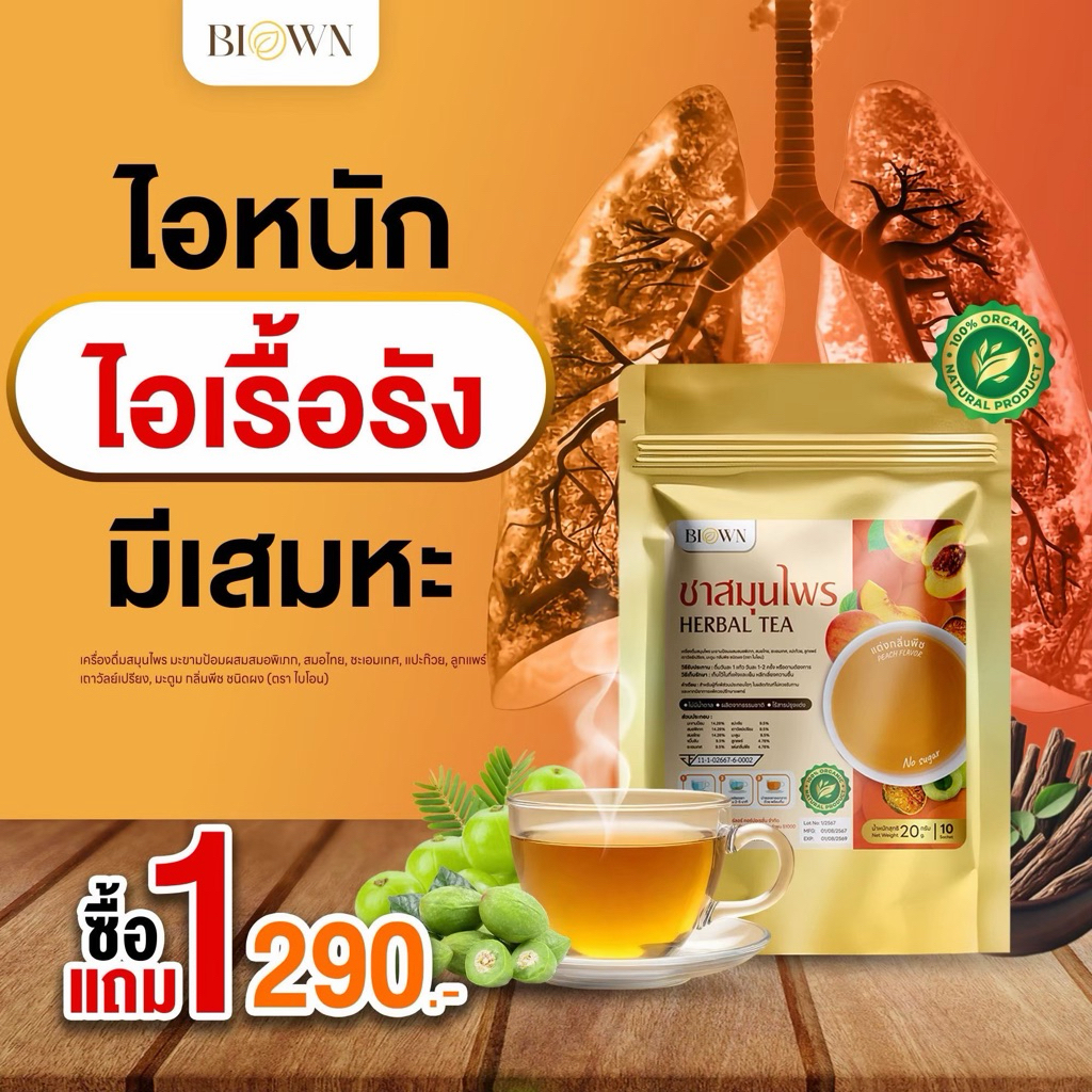 (ลด50%ในไลฟ์) 1 แถม 1 Biown ชาบำรุงปอด สูตรตรีผลา ชาสมุนไพรบำรุงปอด ฟื้นฟูปอด ไอเรื้อรัง หอบหืด เสมหะเหนียว
