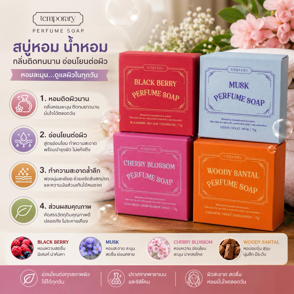 คละกลิ่น สบู่น้ำหอม Temporary Blackberry Perfume Soapกลิ่นหอมติดผิว อาบสะอาด ผิวนุ่มละมุนฟีลน้ำหอมแพงใช้แล้วอยากดมตัวเอง