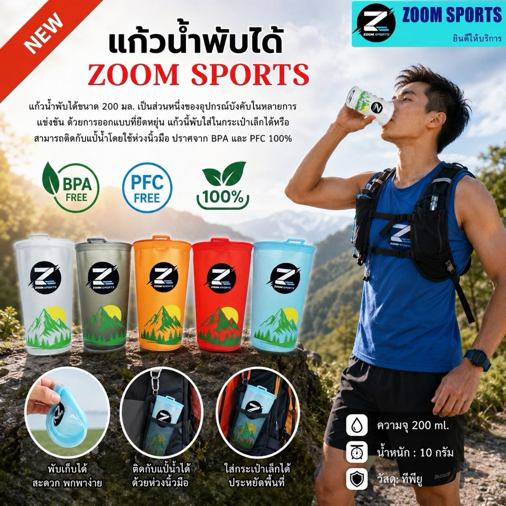แก้วน้ำนิ่มพับได้ TPU พกพา ของแท้ zoom sports ใช้ซ้ำได้