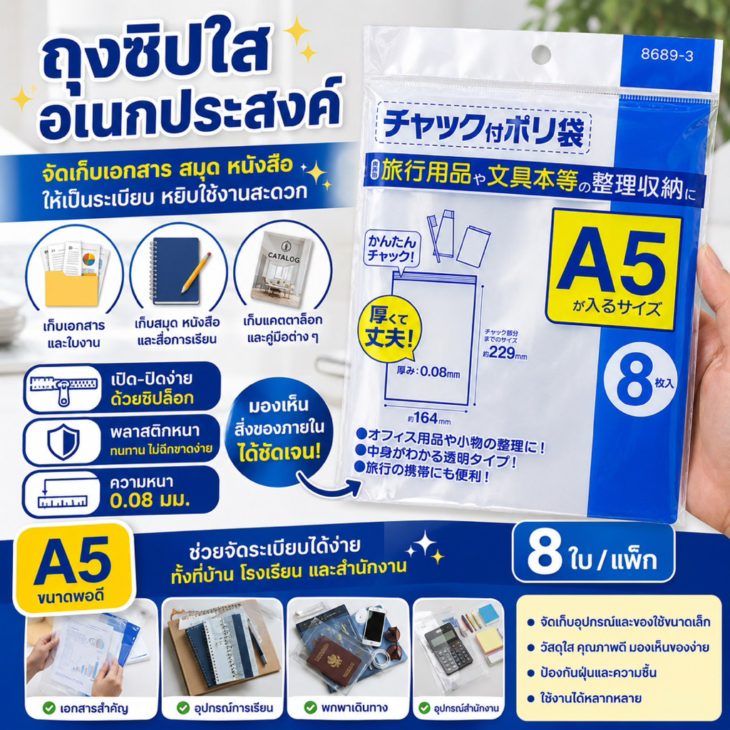 ถุงซิปล็อกใส A5 หนา 0.08 มม. 8 ใบ/แพ็ก ถุงซิปอเนกประสงค์ เก็บเอกสาร สมุด เครื่องเขียน ของใช้พกพา มองเห็นของด้านในชัดเจน