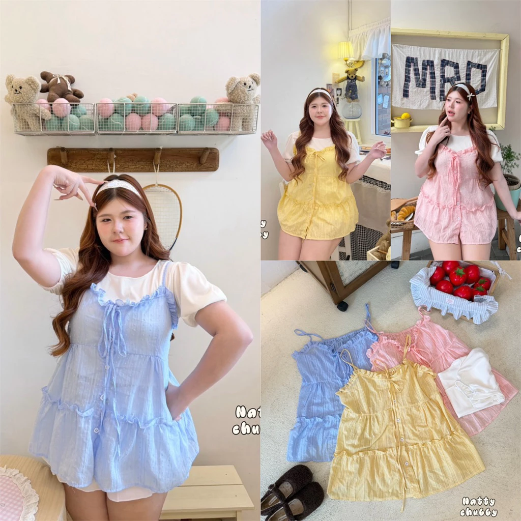 (NT) เซ็ต2ชิ้น เสื้อแขนตุ๊กตา+สายเดี่ยวตัวนอก ผ้าฉลุสีน่ารักมาก แต่งระบายผูกโบว์ เสื้อผ้าสาวอวบอ้วน พลัสไซส์ ไซส์ใหญ่