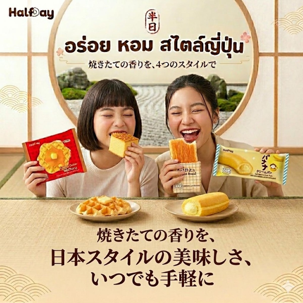 Halfday ขนมปังขนมปังและเบเกอรี่สไตล์ญี่ปุ่น อร่อย นุ่ม หอม พร้อมทาน (มีให้เลือก 4 แบบ)