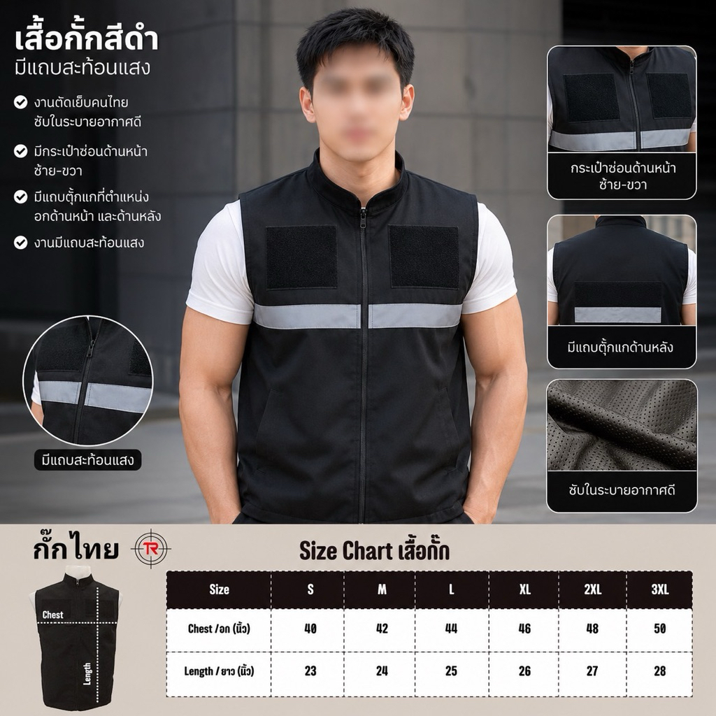 เสื้อกั๊กสีดำ มีแถบตีนตุ๊กแกถูกระเบียบ งานตัดเย็บโรงงานไทยซับในเป็นผ้าตารางระบายอากาศดีมาก