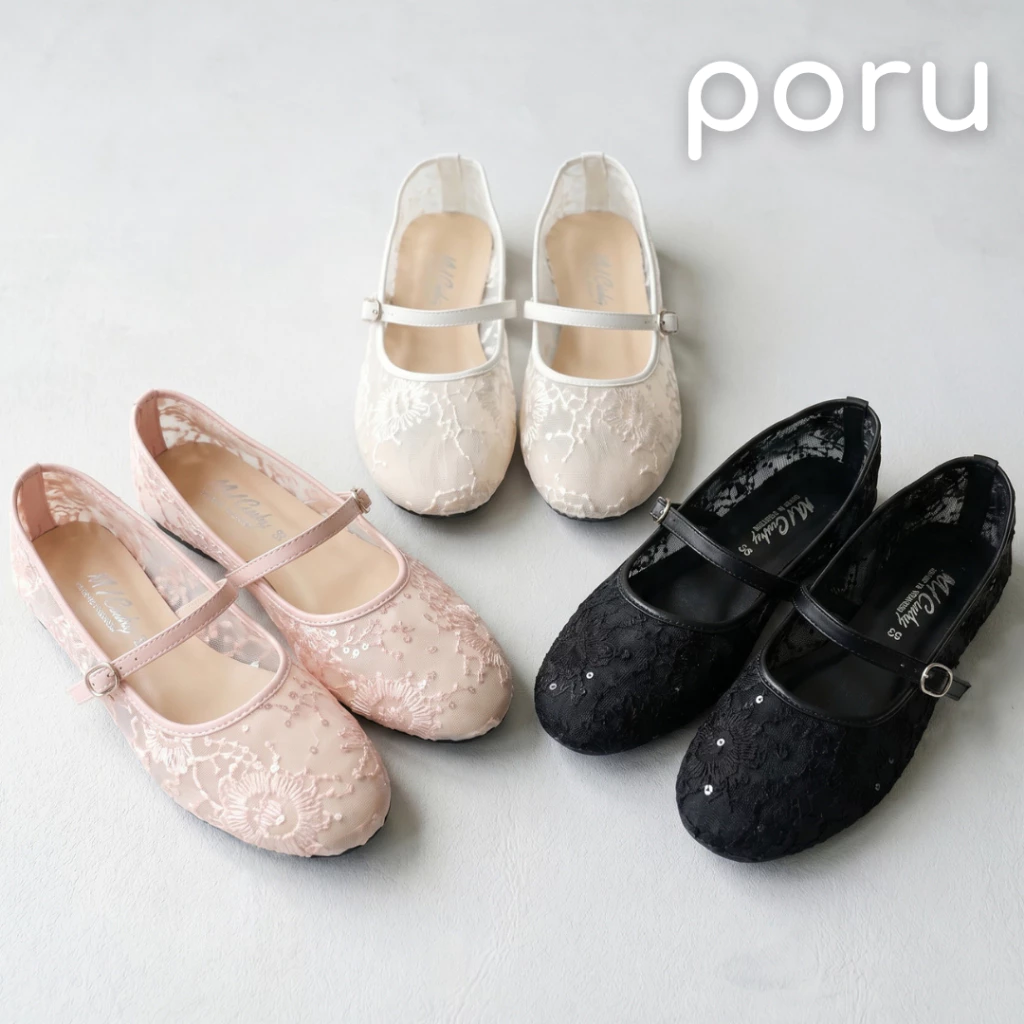 [ส่งฟรี]Poru รองเท้าคัทชูผู้หญิง ทรงแมรี่เจน ผ้าลูกไม้ซีทรู ปักเลื่อมวิ้งๆ แฟชั่นสไตล์วินเทจ ไซส์ 36-41