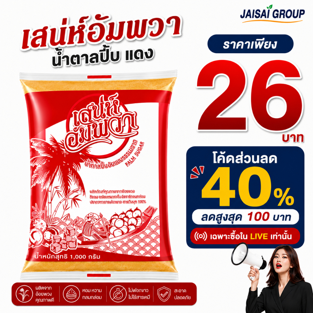 🔴LIVE40%100🔴 [x4ถุง] เสน่ห์อัมพวา น้ำตาลปี๊บ "ผสมปาล์ม" "แดง" ขนาด1กก.