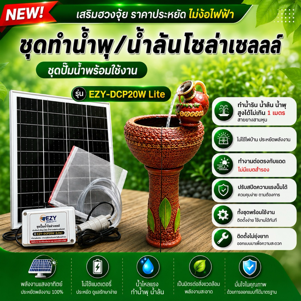 ชุดทำน้ำพุ/น้ำตก/น้ำล้น โซล่าเซลล์สำเร็จรูปพร้อมใช้งาน