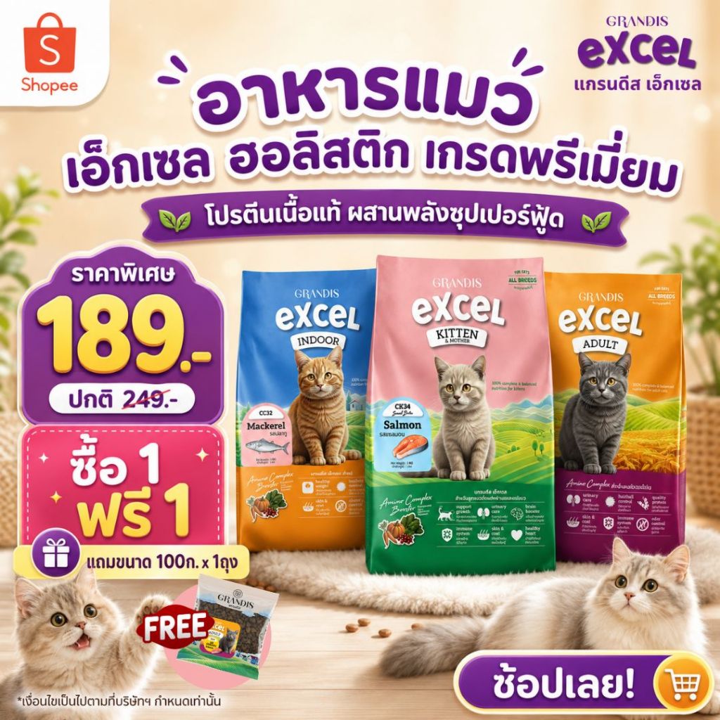 [ซื้อ 1kg แถมฟรี 100ก x1ถุง ]  แกรนดีส เอ็กเซล (1กก) อาหารแมว Holistic เกรดพรีเมี่ยม GRANDIS EXCEL